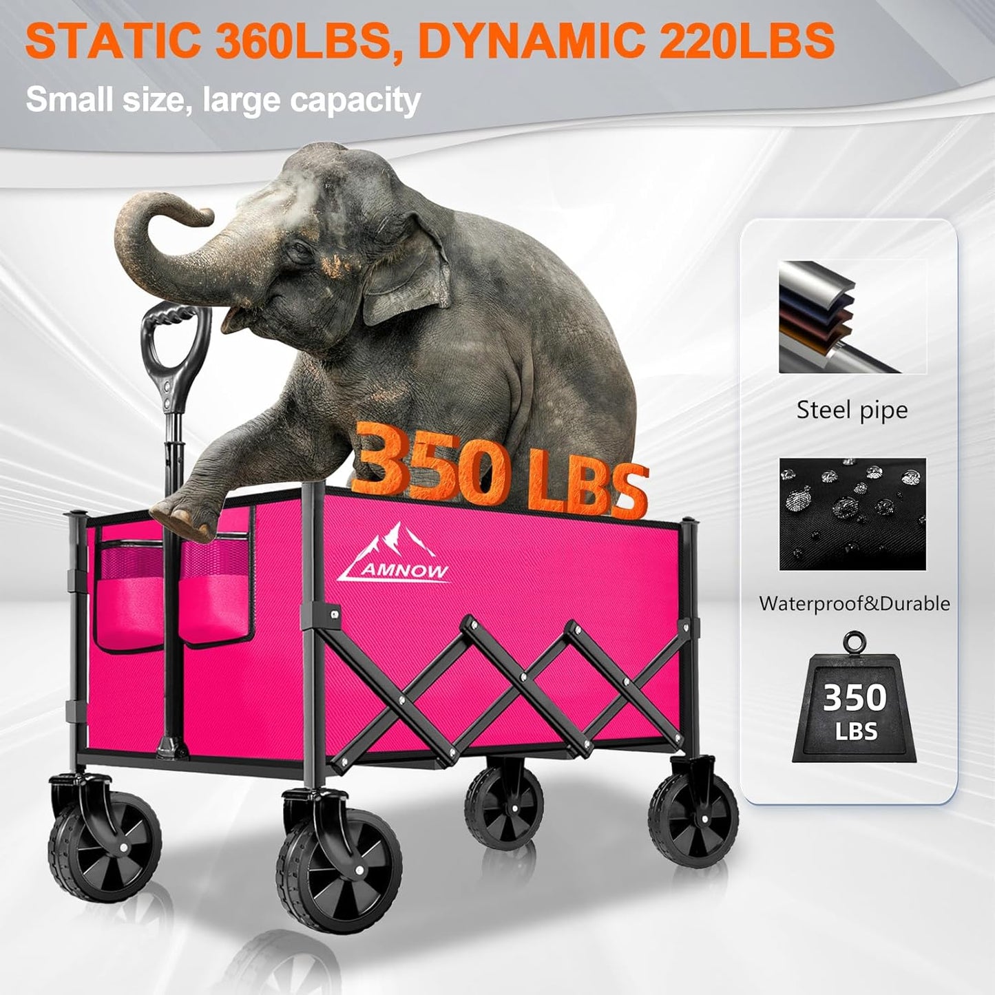 Collapsible Folding Wagon Cart, 350LBS Utility Large Capacity Cart Foldable Wagon with All Terrain Wheels, Grocery Wagons Carts for Garden Shopping Sports Camping, Rose