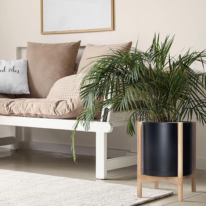 D'vine Dev Planter Pot with Stand - 14 Inch Plastic Cylinder Flower Pot with Wood Planter Holder for Indoor, Matte Black Pot + Natural Stand, 55-C-S-2
