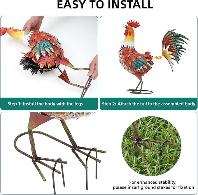 21" Metal Rooster Decor, Outdoor Garden Statues, Metal Chicken Sculpture for Backyard Patio Kitchen Decor