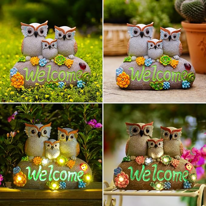Nacome Solar Owl Statues for Garden Decor: Welcome Sign Outside Lawn for Patio/Balcony/Yard Art/Lawn Ornament House Warming Gifts for Mom/Women
