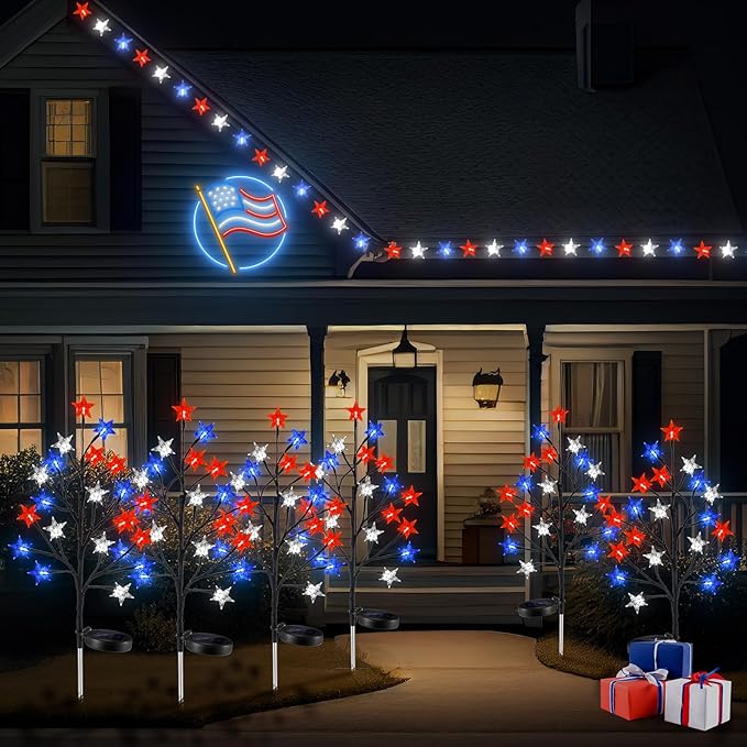 6 Pcs Solar 4th of July Decorations Outdoor Lights 8 Modes Star Stake Lights Waterproof Solar Patriotic Decorations Lights for July 4th Memorial Day Garden Yard Pathway
