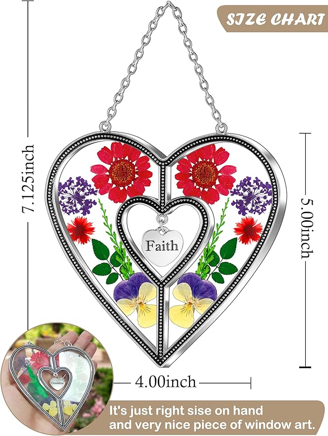 KY&BOSAM Heart Suncatcher Faith Stained Glass Hangings for Windows Sun Catchers Birthday Gifts for Women Real Flower Glass & Metal Maker for Christmas Tree Wedding Party Patio Home Garden Decor