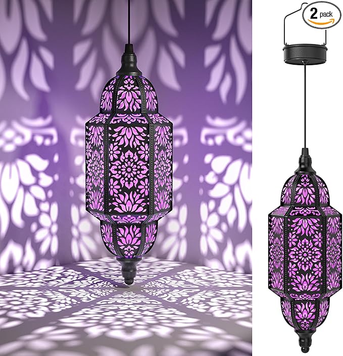 Twinkya 2 Pack Hanging Solar Lights Outdoor Garden Decorative Solar Lantern Waterproof Metal Moroccan Outdoor Decorations for Patio Pathway Yard Porch Backyard Garden Decor (Purple, 2 Pack)
