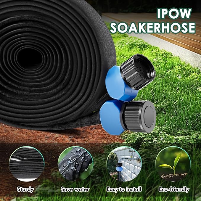 IPOW 50ft + 50ft IPOW Heavy Duty Double Layer Design Saves 80% Water Leak Proof Soaker Hose, Drip Watering Hose for Garden, Lawn, Flower Bed, Vegetable Field (50 FT x 2Pack)