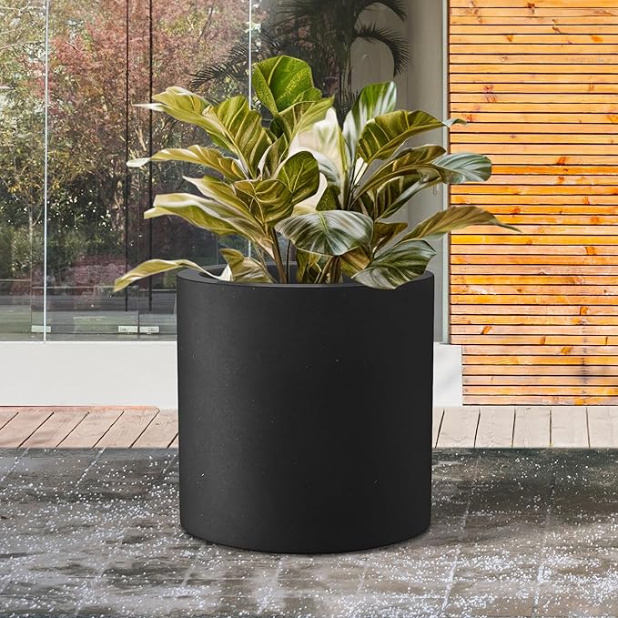 Kante 15.7" Dia Round Concrete Planter, Modern Style Large Cylindrical Plant Pot with Drainage Hole and Rubber Plug for Indoor Outdoor Patio, Black