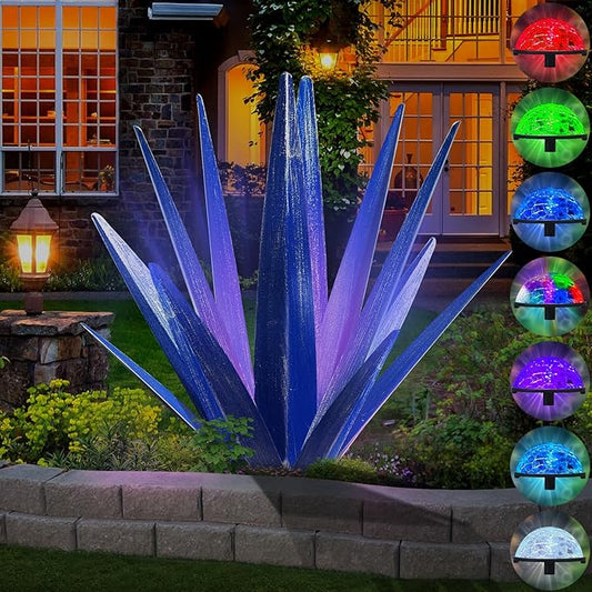 Large Tequila Rustic Sculpture, Rustic Metal Agave Plants for Outdoor Patio Yard, Home Decor Hand Painted Metal Agave Garden Yard Statue, Outdoor Lawn Ornaments (Dark Blue - L (W/Solar Light))