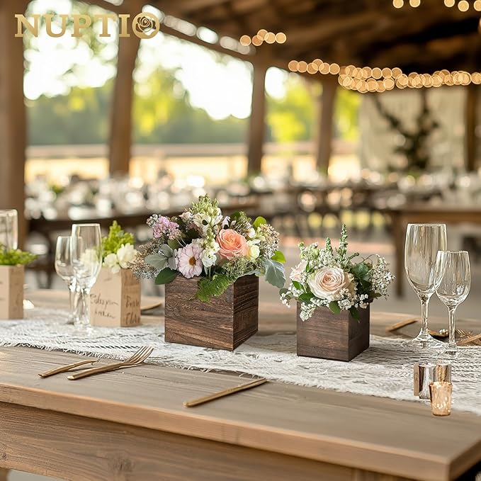 NUPTIO Wooden Box for Centerpiece Wedding: 12 Pcs Rustic Square Planter Box for Christmas Centerpiece Table Fall Decorations - 4×4" & 5×5" Small Wood Vases Flower Pots for Windowsill Home Garden Decor