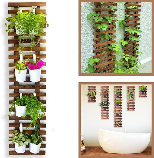 ShopLaLa Wall Planter for Climbing Plants Outdoor - Wooden Hanging Living Vertical Garden Outdoor Indoor Plant Stand Large Tall Long Ladder Vinyl Plant Hanger for Hanging Flower Pots 59" (150cm)