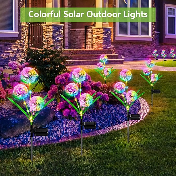 4 Pack Solar Garden Lights Outdoor Decor, New Version 12 Glowing Dandelion Lights & Stems with 144 Colorful LED, 2 Modes Control Solar Lights Outdoor Waterproof IP65 for Yard, Lawn, Pathway