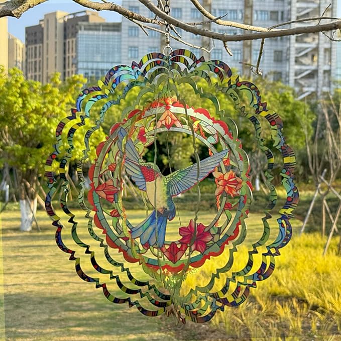 Metal Wind Spinners - Hummingbird 12 inch 3D Stainless Steel Hanging Wind Spinner Metal, Gifts for Women Mom Grandma Wife, for Indoor/Outdoor Decor, Yard Art, Garden Decoration