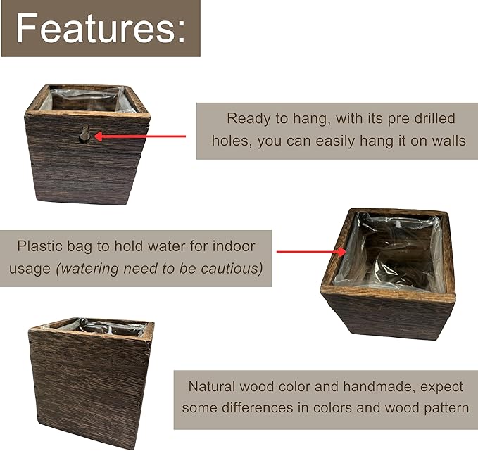 LaLaGreen Wood Planter Box for Plants (2 Pack, 4x4 Inch) Small Square Wall Planters for Indoor Plant, Window Hanging Flower Pot Wooden Boxes for Table Centerpiece Herb Balcony Home Garden Office Decor