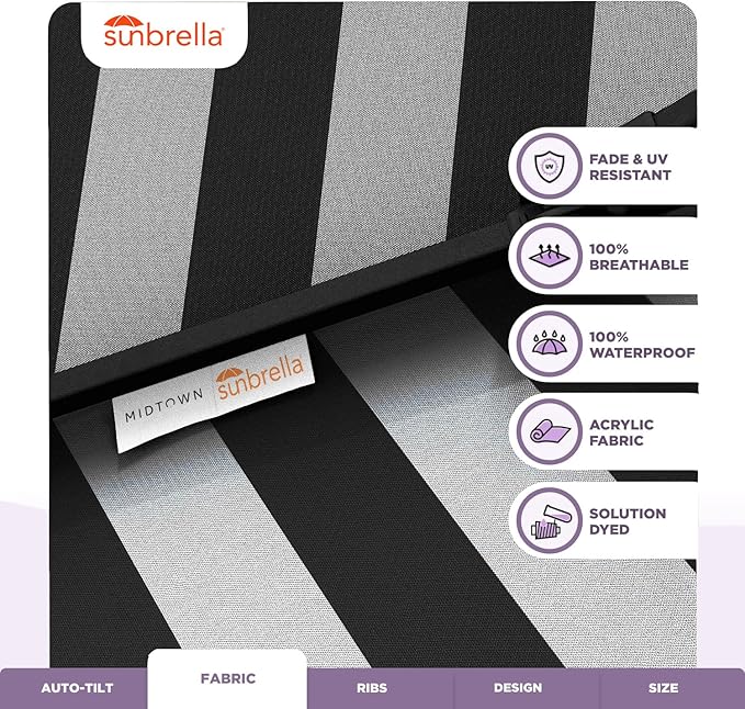 Midtown Umbrellas Sunbrella Umbrella 9 Feet Outdoor Umbrella With Black & White Acrylic Fabric - Auto-Tilt Aluminum Frame Patio Umbrella For Backyard, Deck, Garden, Pool - Black Pole