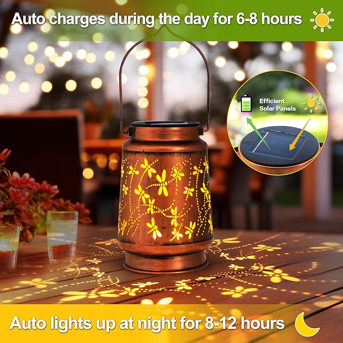 Mothers Day Gifts, 4 Packs Solar Lanterns Outdoor Hanging Lantern Lights, 4 Dragonfly Hollowed-Out Metal Decor Lantern, Waterproof LED Decorative Garden Light Gifts