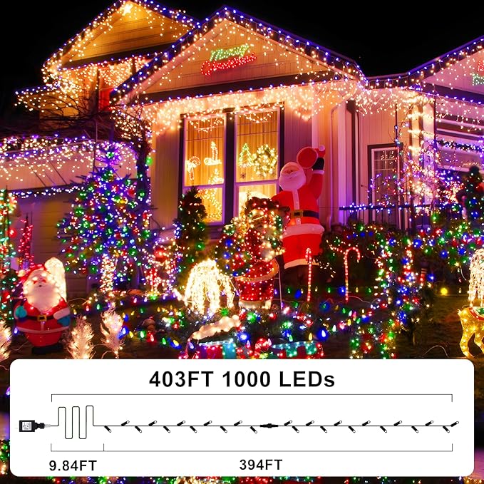KNONEW 403FT 1000 LED Christmas Lights Outdoor String Lights 8 Modes & Timer Fairy Light Plug in Waterproof LED String Lights for Xmas Yard Tree Wedding Party Holiday Decorations (Multicolor)