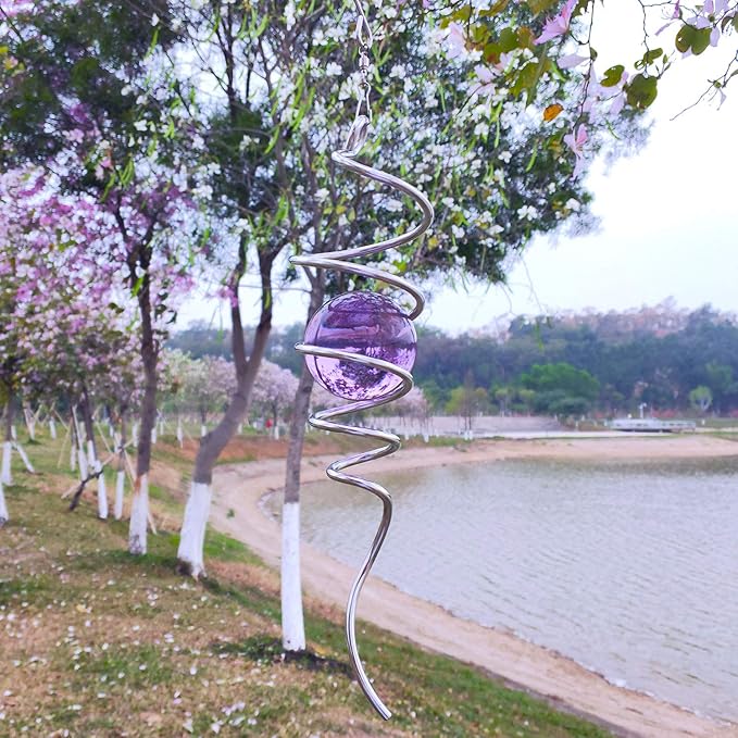 Fonmy Purple Gazing Ball Spiral Tail Wind Spinner Stabilizer with Swivel Hook 11inch Stainless Steel Tail and 2 inch Purple Glass Orb. Indoor Outdoor Garden Decoration Hanging Ornaments