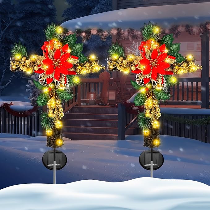 Ganeen 2 Pcs Solar Stake Christmas Outdoor Decorations Christmas Yard Stake Decor LED Lights Cemetery Grave Cross Poinsettia Decor for Holiday Garden Pathway Lights (Poinsettia)