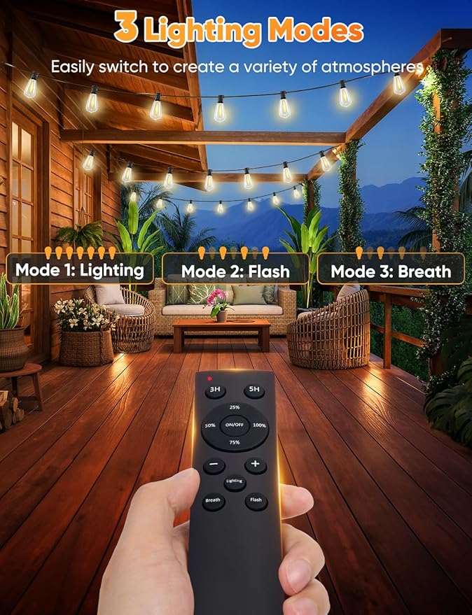 Brightever LED Outdoor String Lights, 150FT Dimmable Patio Lights with Remote Control, 45+2 Shatterproof ST38 Edison Bulbs, 3 Lighting Modes, 3H/5H Timer, Outdoor Hanging Light for Holiday, Party