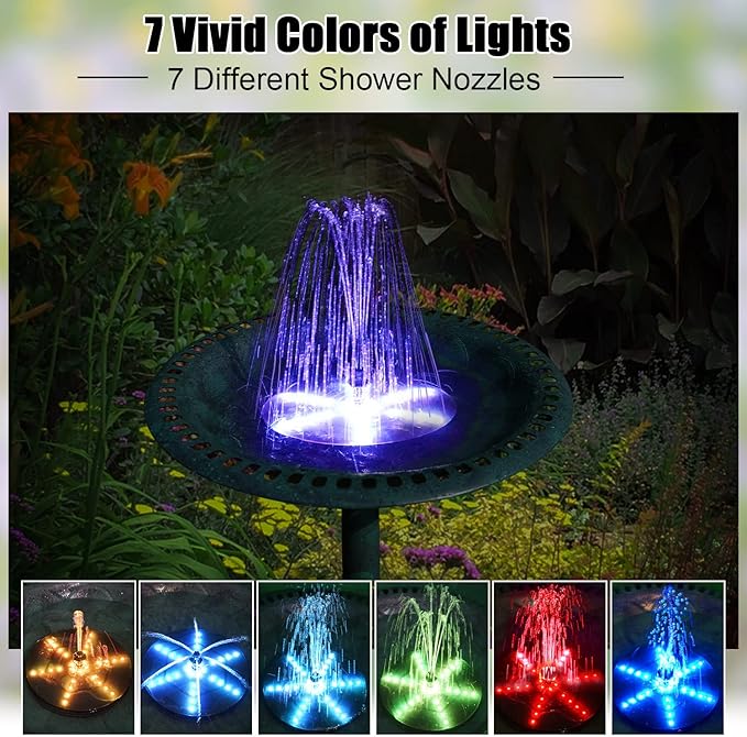 Solar Bird Bath Fountains Upgraded, 4W Solar Powered Water Fountain Pump with 7 Nozzles & 4 Fixers, 4000 Battery, 7 Colors LED Light for Garden, Pond, Pool, Fish Tank, and Outdoor