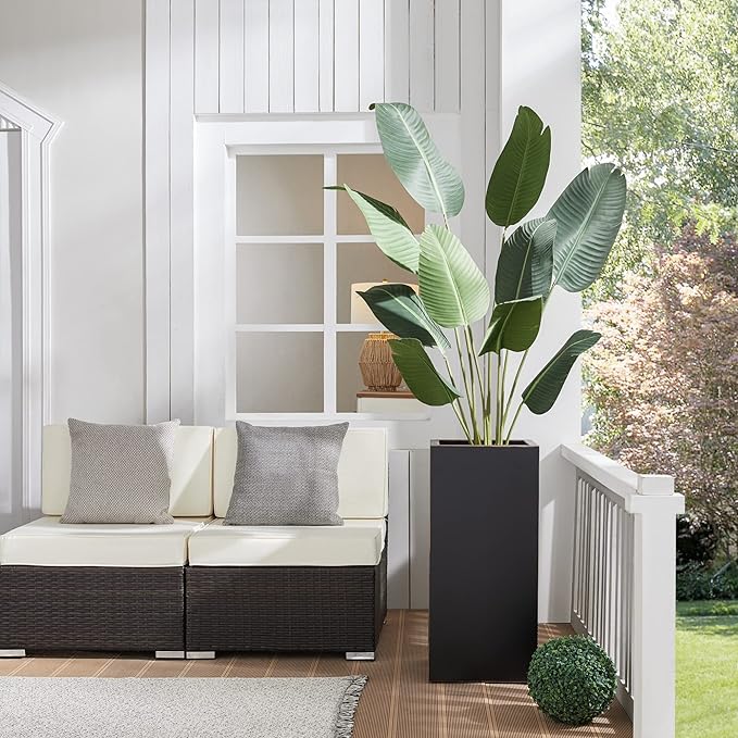 Metallic Heavy Tall Outdoor/Indoor Planter Box 14Lx14Wx30H Inches Rectangular Large Flowerpot, Tall Metal Planter Box for Front Porch ‎25 Pounds, No Assembly Required, Black, 1 Pack