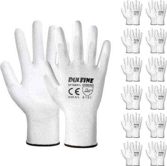DULFINE Safety Work Gloves PU Coated-12 Pairs,White Seamless Knit Glove with Polyurethane Coated Smooth Grip on Palm & Fingers, for Men and Women, Ideal for General Duty Work (Medium)