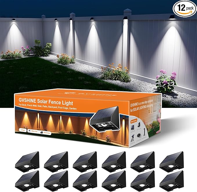 12 Pack Decorative Solar Powered Fence Lights Outdoor Waterproof with Cool White LED Spot Lens, for Outside Wall, Deck, Patio, Yard, Rail, Garage, Pool, Designed for Enhanced Security, Easy Install