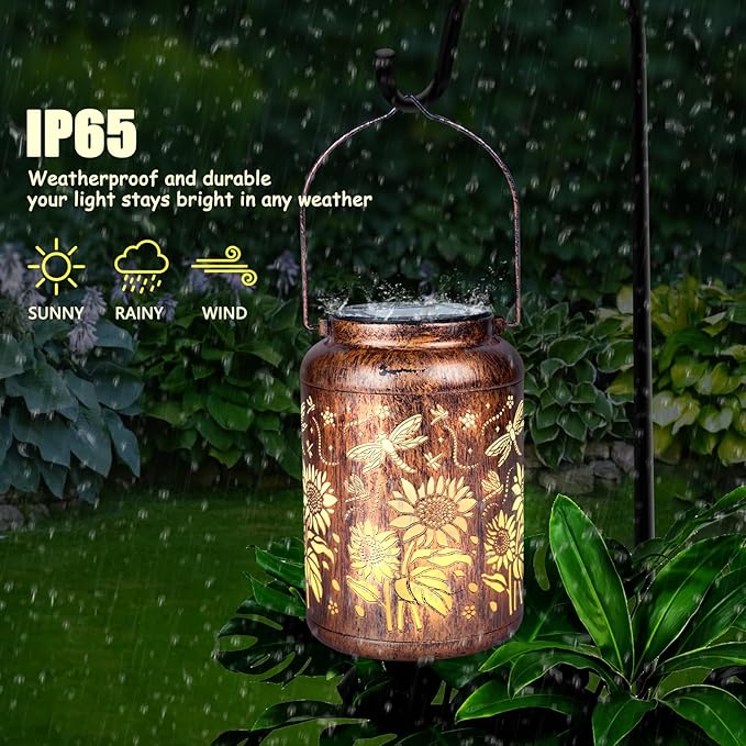 Solar Lanterns, Hanging Solar Lights for Outside, Dragonfly Sunflower Outdoor Lantern, Waterproof Garden Decor for Porch, Yard, Deck, Lawn, Backyard, Patio, Tabletop, Pathway, Landscape