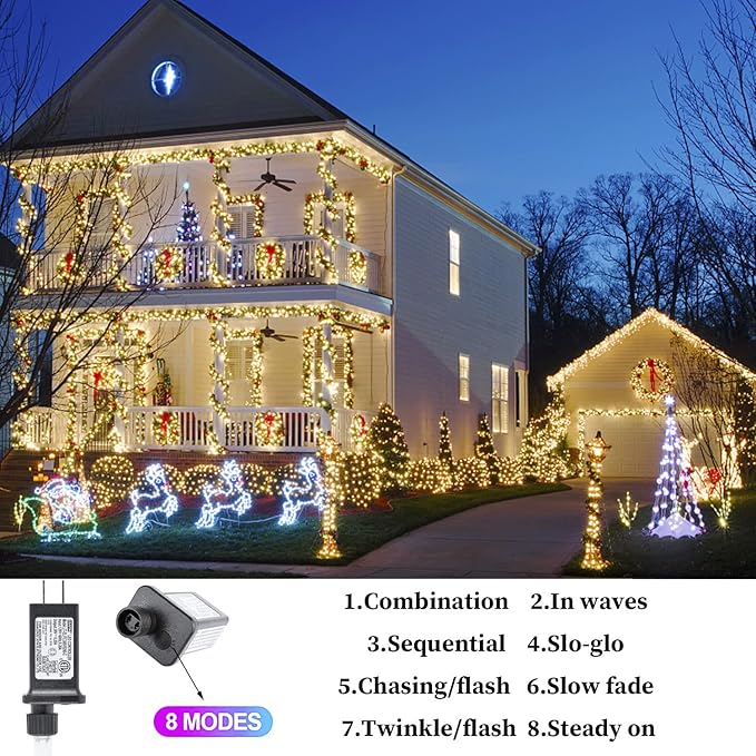 Christmas Lights Outdoor, 800LED 330FT Warm White String Lights, 8 Mode Plug in Waterproof Decor Twinkle Lights for Bedroom Xmas Thanksgiving Wedding Party Garden Yard Tree Decoration
