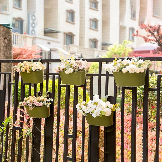 5 Pack Metal Hanging Flower Pots for Railing Fence，Outdoor Balcony Rail Planter with Garden Tools Detachable Hooks Drainage Holes for Deck Garden Home Decor Green