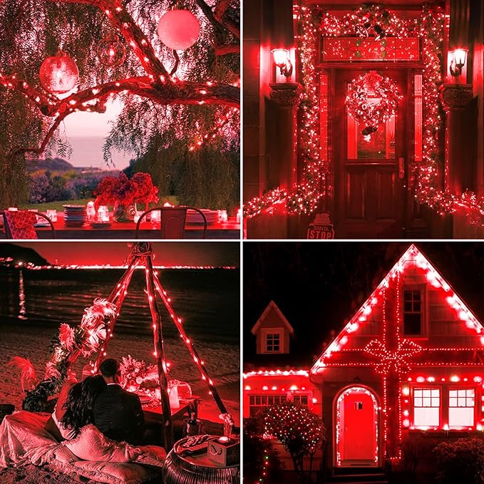 JMEXSUSS 4 Pack Red Solar Fairy Lights, Total 400 LED 132FT Red Solar Lights Outdoor Waterproof, 8 Modes Copper Wire Solar String Lights for Outside Patio Christmas Valentine Day Decorations