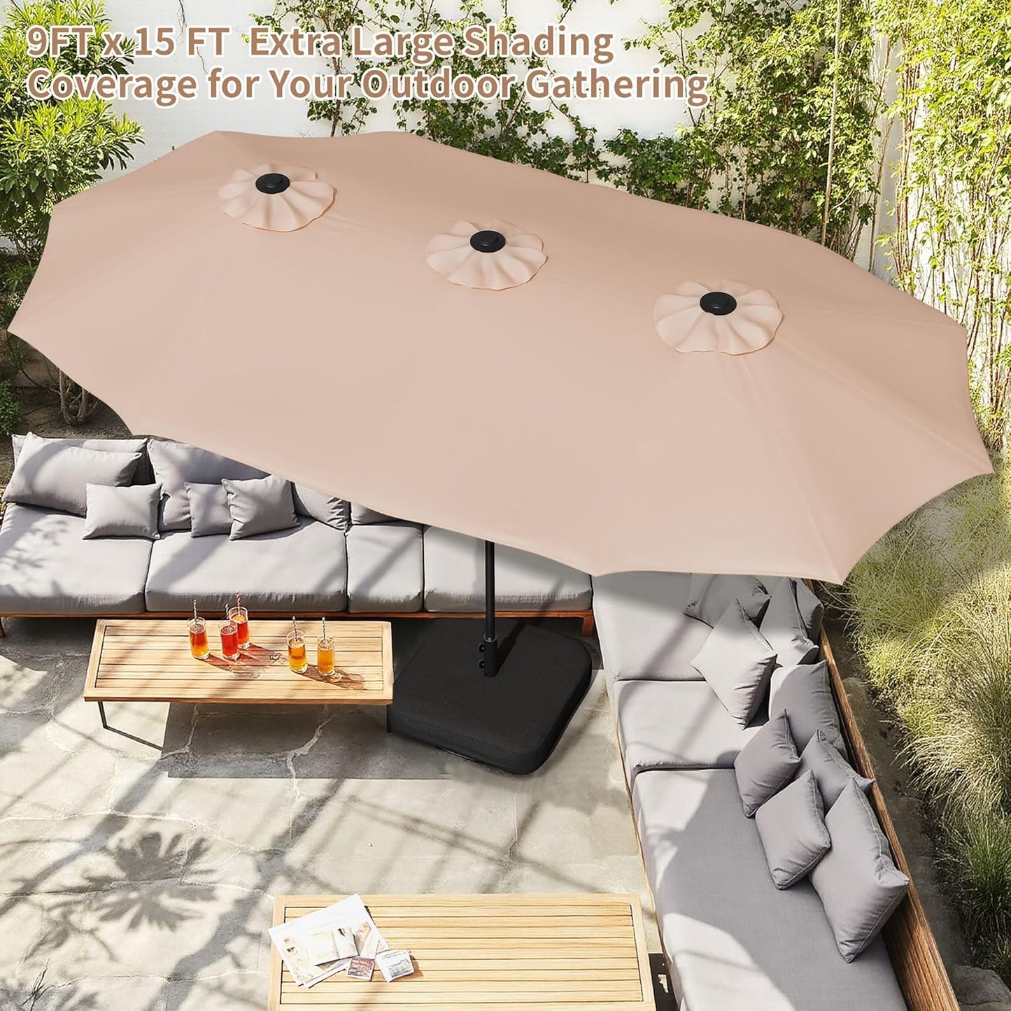 Shintenchi 16FT Large Patio Umbrella with Base, Outdoor Double-Sided Rectangular Umbrella, Market Umbrella with Crank Handle for Poolside Lawn Garden, Khaki