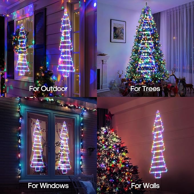 LED Christmas Lights Outdoor, 4.6ft Ladder Lights, Plug-in Christmas Tree Hanging Light, Waterproof 8 Light Modes Christmas Decoration for Indoor, Wall, Window, Garden - Multicolor