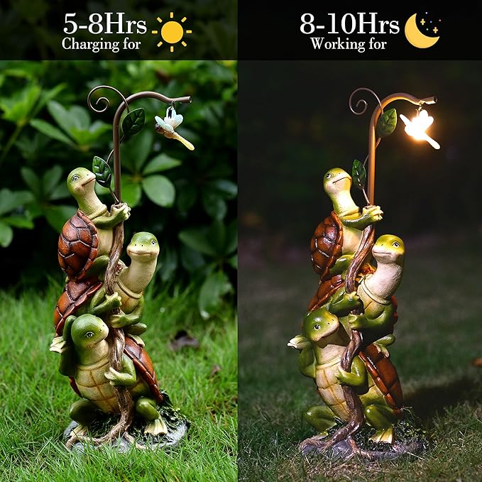 Turtle Figurine Garden Decor, Solar Turtle Outdoor Statue, Funny Turtle Gift Sculpture Decoration for Home Patio Yard Lawn Porch Ornament