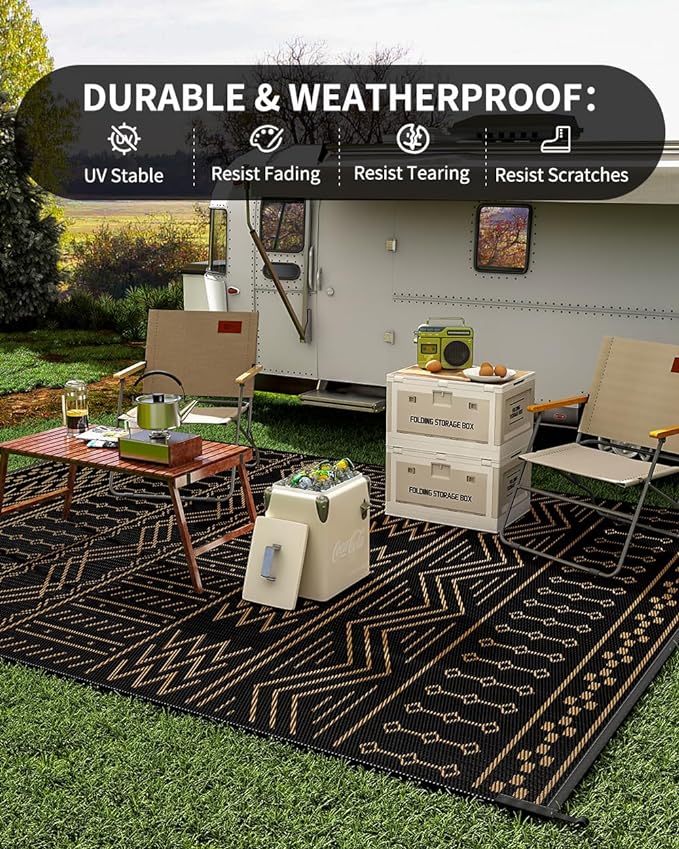 Outdoor Rug Carpet Waterproof 6x9 ft Patio Rug Mat Indoor Outdoor Area Rug for RV Camping Picnic Reversible Lightweight Plastic Straw Outside Rug for Patio Decor Decoration Boho Rug Black Brown