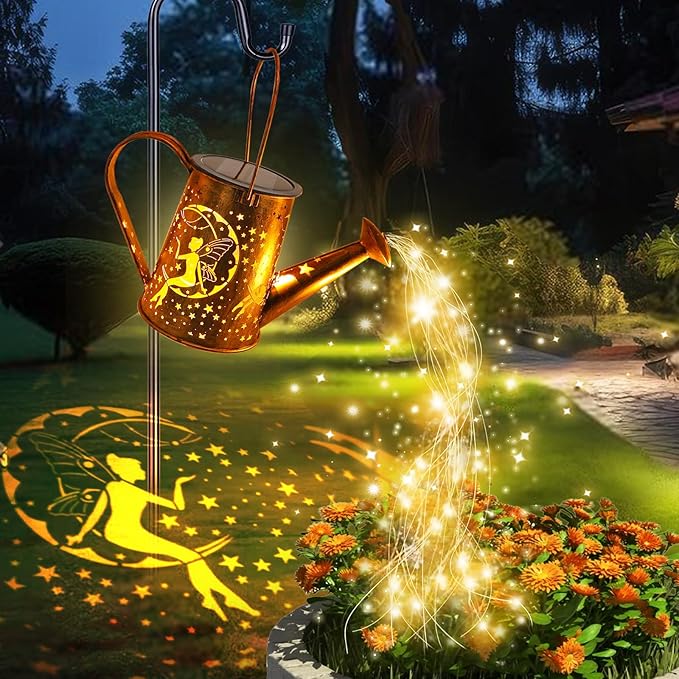 Big Solar Lanterns Outdoor Waterproof, Moon Fairy Watering Can Garden Decor,Hanging Solar Lights Yard Art, Outside Patio Decorations Gardening Birthday Gifts for Mom Grandma Women with Shepherd Hook