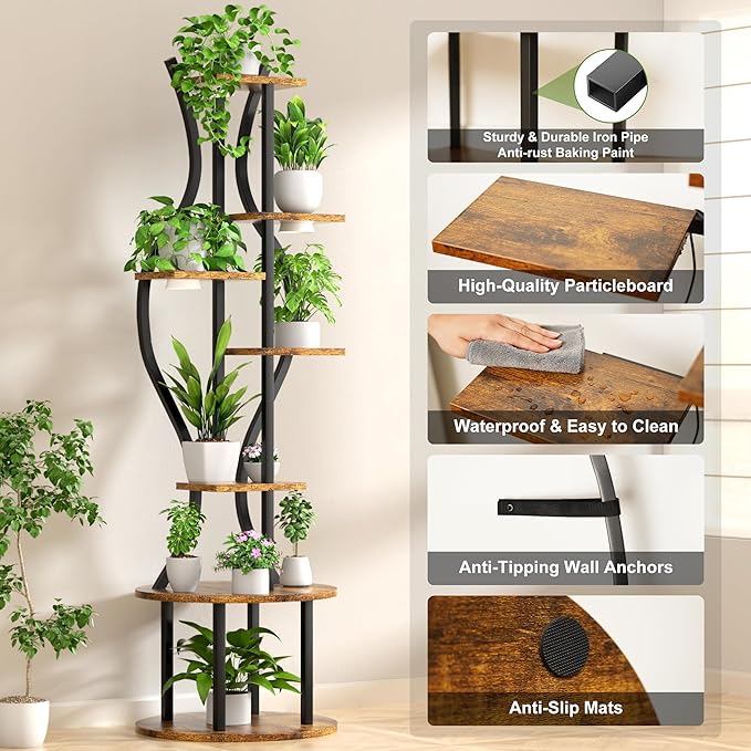 Plant Stand Indoor with Grow Lights, 7 Tier Tall Metal Plant Shelf for Multiple Plants, 55″ Lighted Plants Shelves Corner Flower Holder, Vase Shape Plant Display Rack for Home Living Room Patio