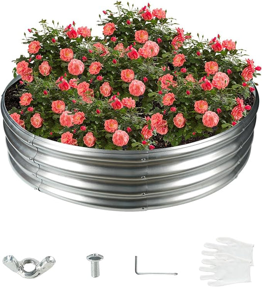 48 Inch Diameter Silver Galvanized Garden Raised Bed/Plant Box/Fire Pit Ring-0.8mm Thick,12 Inch Tall,Crimped Edge and Corner,No Sharpe,Perfect for Plantings (4FT Diameter, Round)