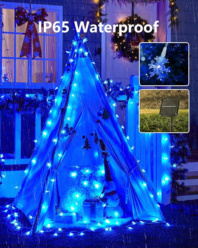 Brightown Solar Christmas Snowflake String Lights 100 LED 39 FT Outdoor Waterproof Fairy Lights with 8 Lighting Modes for Wedding, Party, Tree, Room, Garden, Patio, Yard, Home, Blue