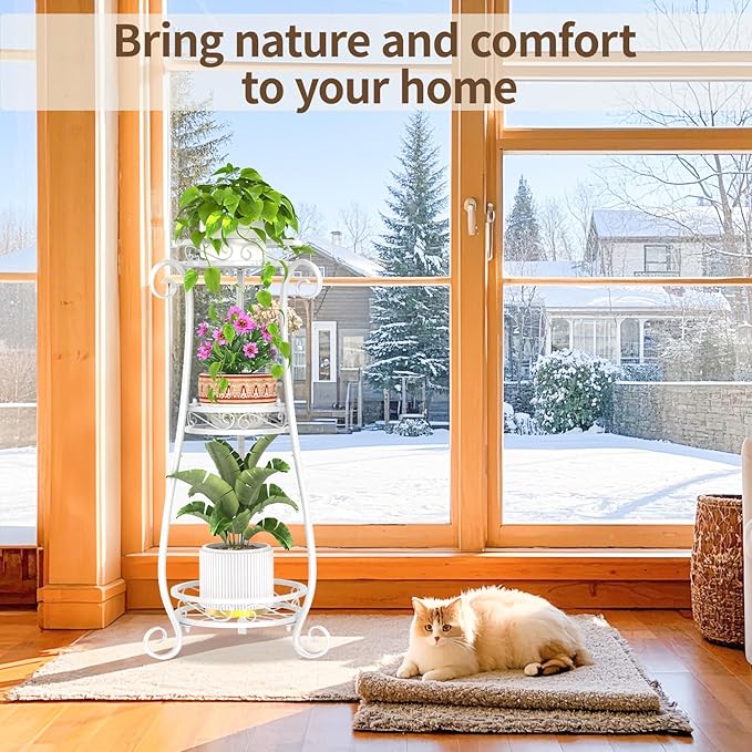 LASZOLA 3 Tier White Metal Plant Stand for Multiple Large Planters Indoor Outdoor Organizer, Heavy Duty Tall Flower Stand for Corner Patio Bathroom Office, Modern Sturdy Vertical Iron Rack, Cat Proof