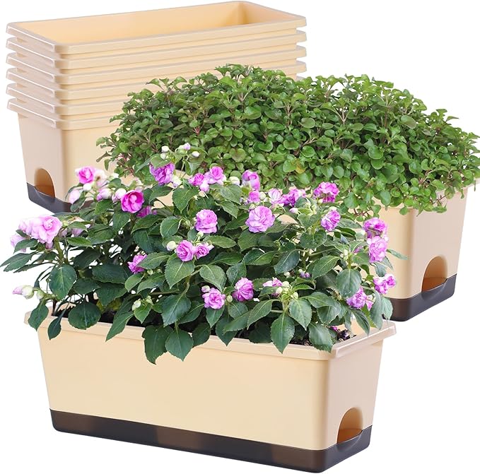 Window Box Planter 8 Pcs, 17 Inches Rectangle Flower Pots with Drainage Holes and Trays, Vegetable Planters for Windowsill Patio Garden Balcony Home Porch Yard Indoor Outdoor (Barley Yellow)
