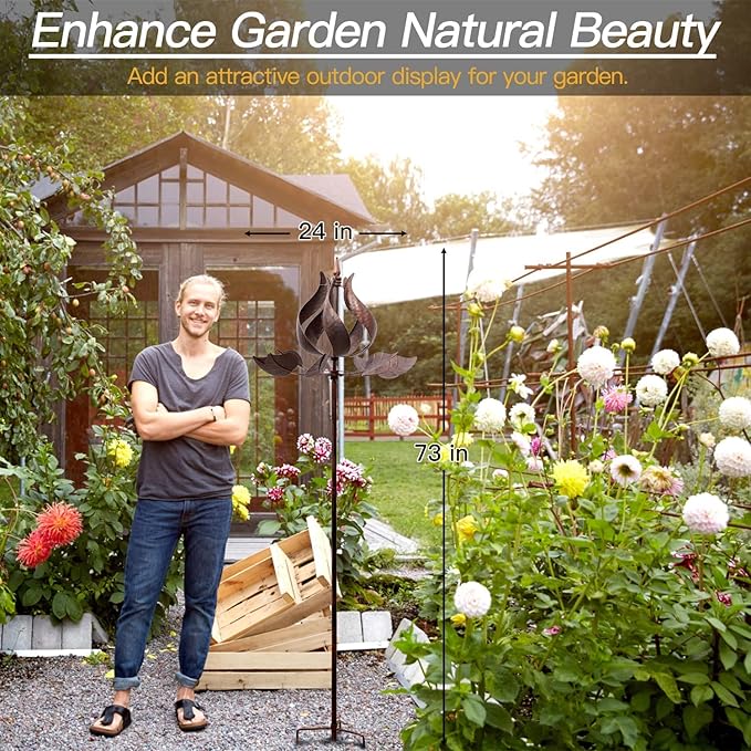 Yard Garden Wind Spinners - Large Tulip Outdoor Metal Wind Spinners with Stake, Yard Art Lawn Garden Decor (24" W x 73" H)