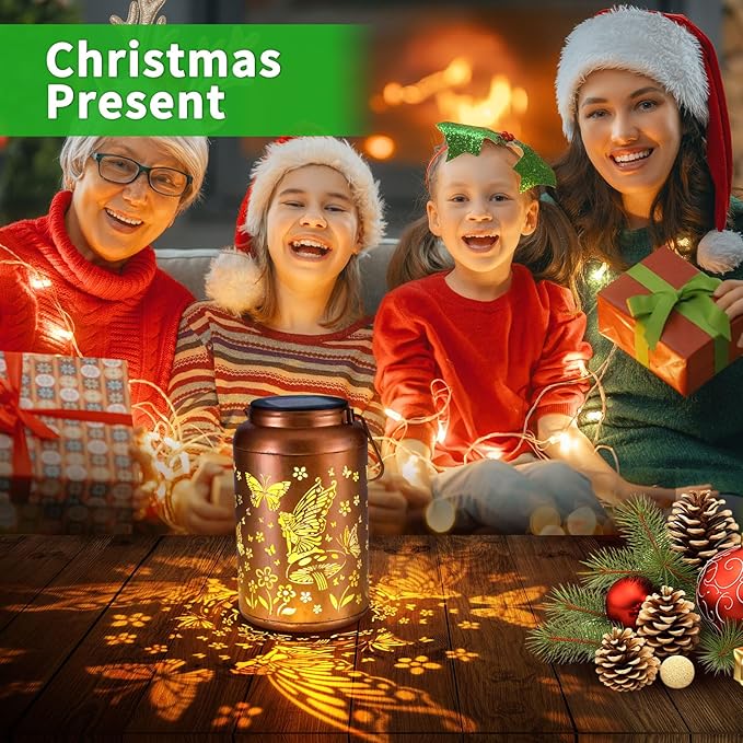 Fairy Solar Lanterns Outdoor Waterproof Hanging Butterfly Lights Hollow Out Metal Lantern Decorative Garden Graceful Light Christmas Decor for Patio,Landscape,Festival Gifts for Women Mom Grandma
