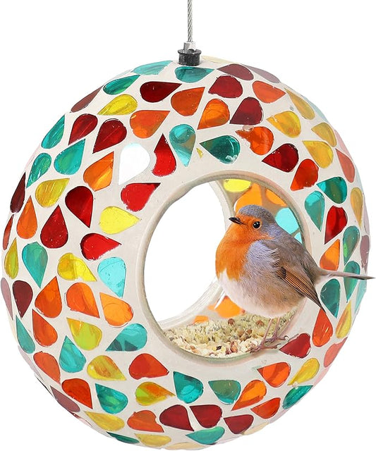 Sunnydaze 6-Inch Glass Mosaic Hanging Bird Feeder for Outdoors - Fly-Through Wild Bird Feeder - Confetti Mosaic
