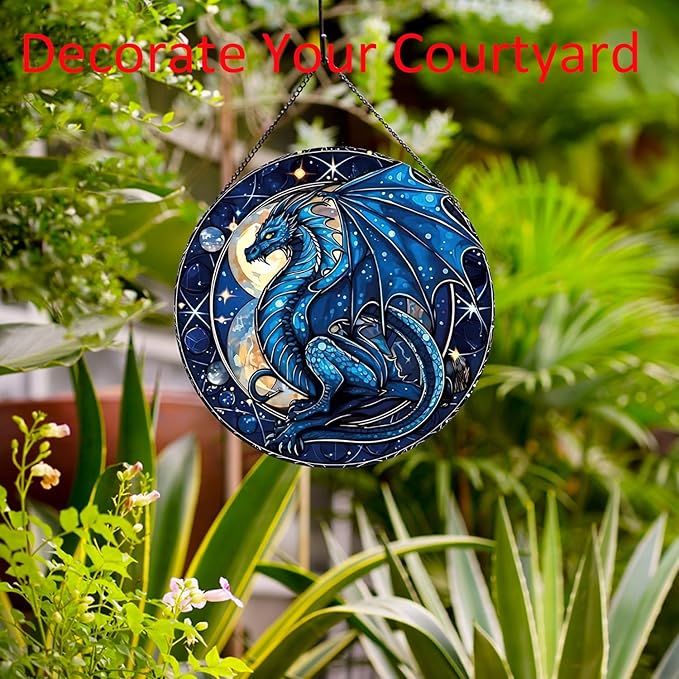 Celestial Dragon Pattern Suncatcher Stained Glass,Hanging Stained Glass for Windows,20cm/7.87inch Sun Catcher Garden Hangings Ornaments Halloween Fall Christmas Decor for Home