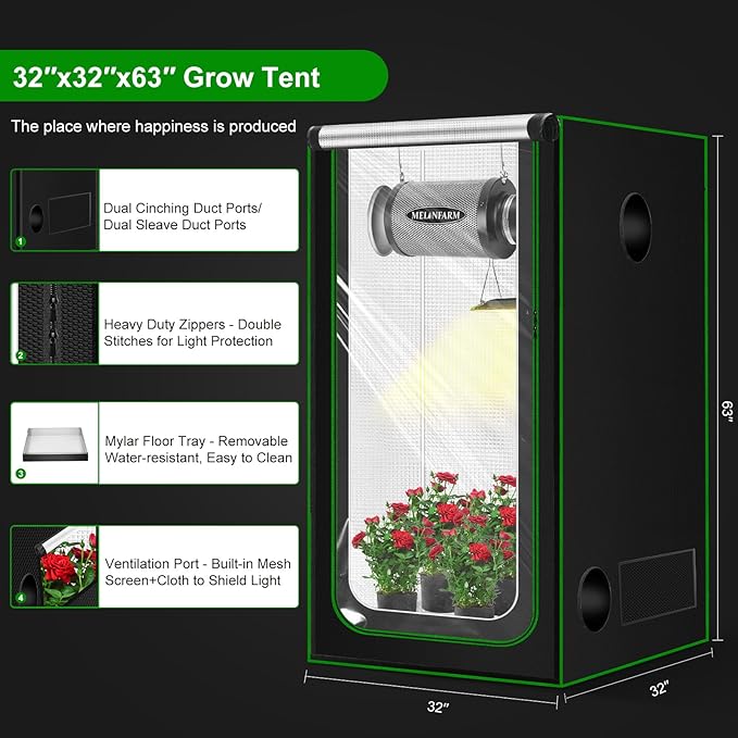 MELONFARM 32"x23"x63" Grow Tent, Double Transparent Viewing Door Indoor Grow Tent, Growing Tent with High Reflective Mylar & Floor Tray, Plant Tent for Indoor Hydroponics Growing