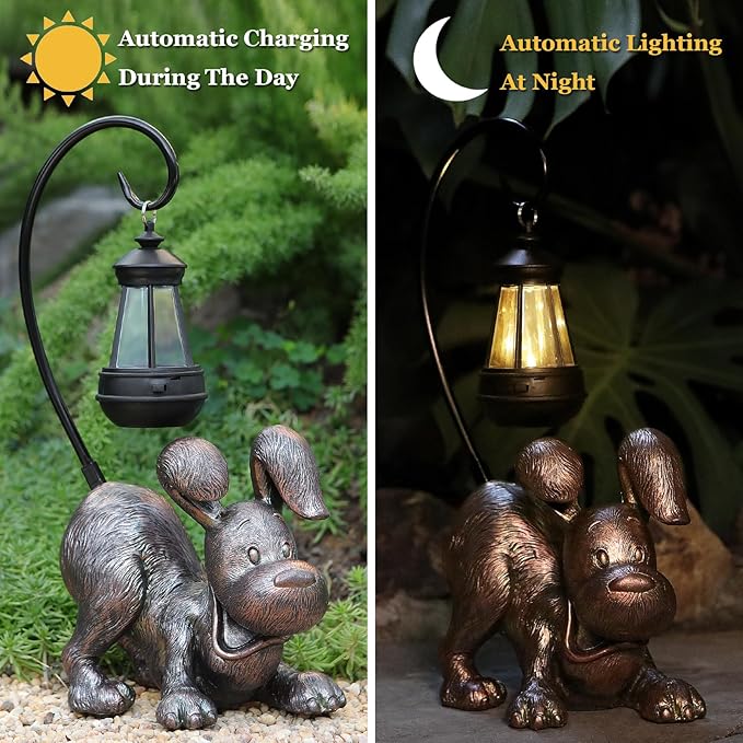 Laughing Dog Figurine with Solar-Powered LED Light 15.9 Inches Tall Antique Bronze, Perfect for Gift Garden Decor or Housewarming for Dog Lovers