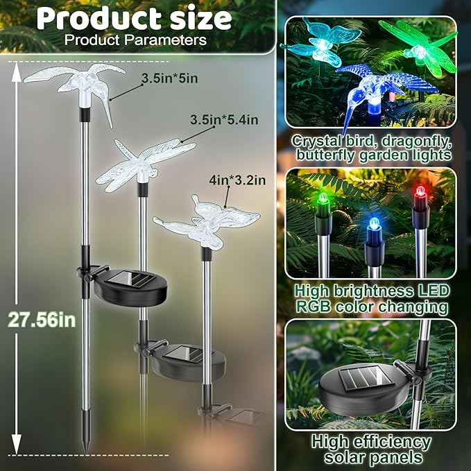 Anordsem Solar Lights Outdoor Decorations: Garden Stake Light Waterproof for Yard Decor Outside - LED Dragonfly Hummingbird Butterfly Lamp for Patio Pathway Home