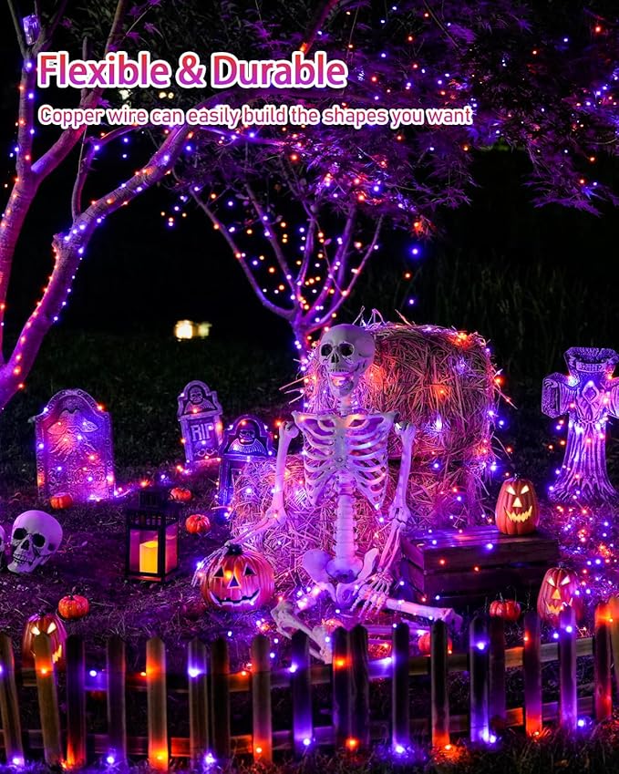JMEXSUSS 2 Pack Solar Halloween Lights, Total 66FT 200 LED Orange and Purple Halloween Lights Outdoor Waterproof, 8 Mode Black Wire Solar String Lights for Tree Yard Spooky Party Halloween Decorations