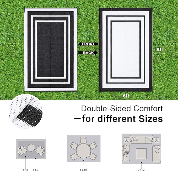 OLANLY Outdoor Rug 6x9 ft Waterproof, Reversible Outdoor Plastic Straw Rug, RV Mat, Indoor Outdoor Carpet Clearance for Patio, Camping, Balcony, Deck, Backyard, Black & White