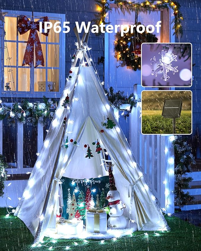 Brightown Solar Christmas Snowflake String Lights, 72FT 200 LED Outdoor Waterproof Fairy Lights with 8 Lighting Modes for Wedding, Party, Tree, Room, Garden, Patio, Yard, Home, Pure White