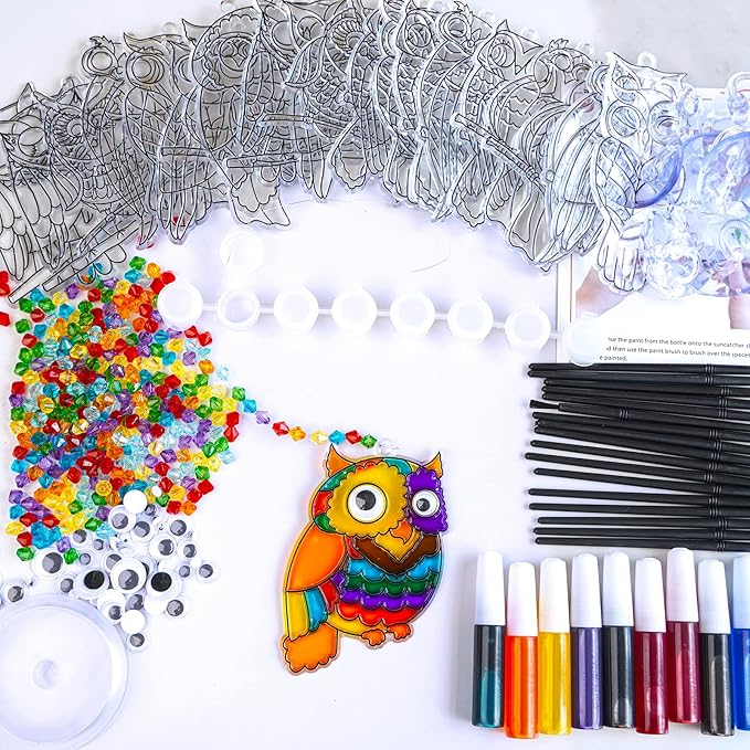 Winlyn 24 Sets Owl Suncatchers Ornaments Decorations DIY Window Paint Art Suncatchers Owl Craft Kits Sun Catchers for Kids Home Classroom Winter Holiday Season Fall Christmas Activities Party Favors